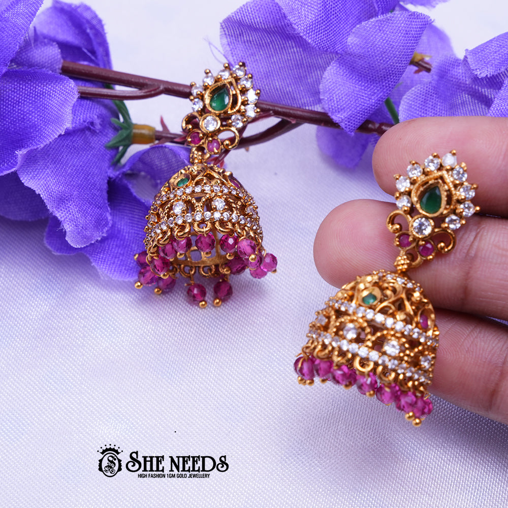 Anika Antique Gold Jhumka Earrings with CZ Stones & Teardrop Stud | Traditional Festive Wear