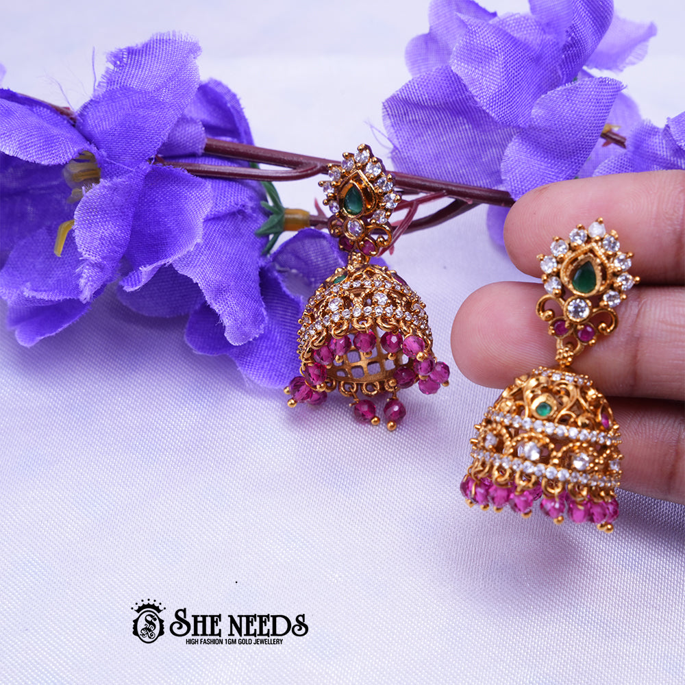 Antique gold jhumka earrings with CZ stones and bead drops by She Needs Jewellery