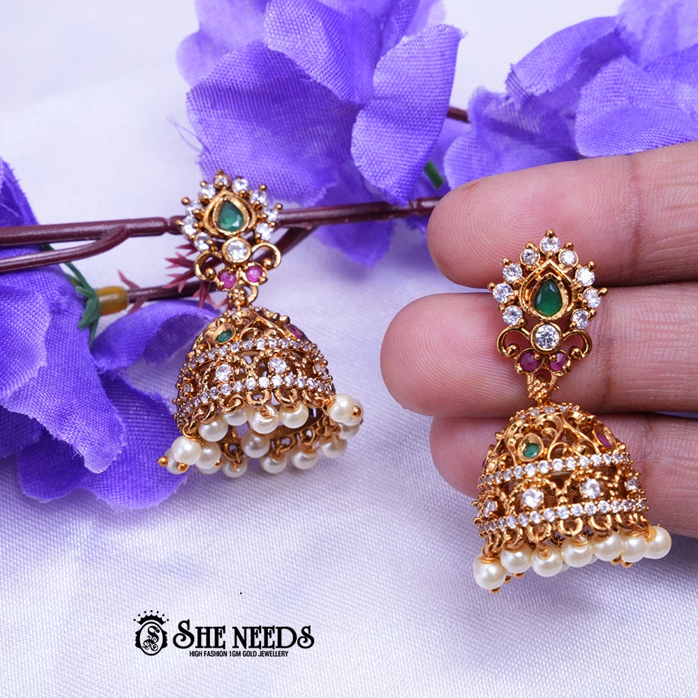 Anika Antique Gold Jhumka Earrings with CZ Stones & Teardrop Stud | Traditional Festive Wear