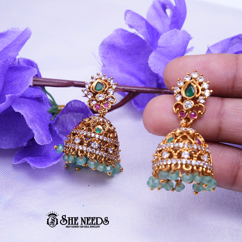 Anika Antique Gold Jhumka Earrings with CZ Stones & Teardrop Stud | Traditional Festive Wear