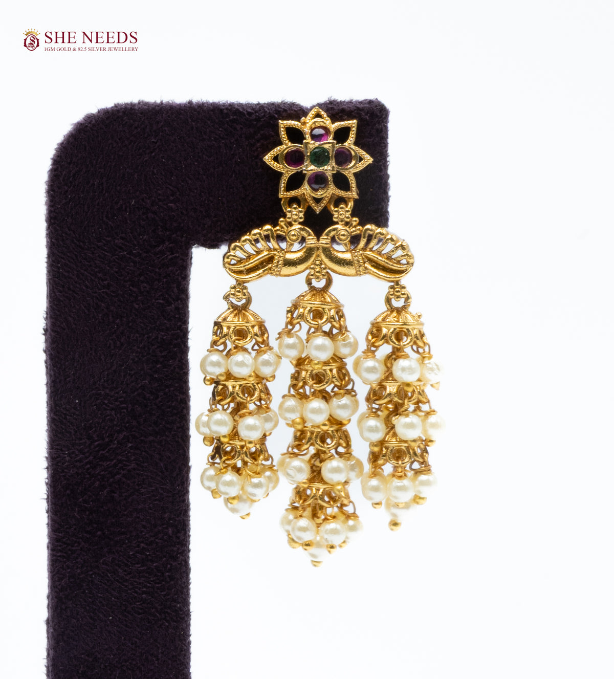 Temple Style Pearl Cluster Jhumka Earrings with Antique Gold Finish