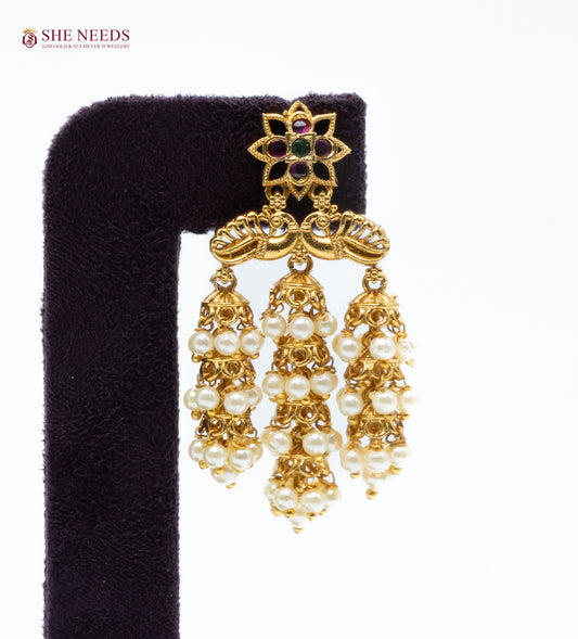 Temple Style Pearl Cluster Jhumka Earrings with Antique Gold Finish