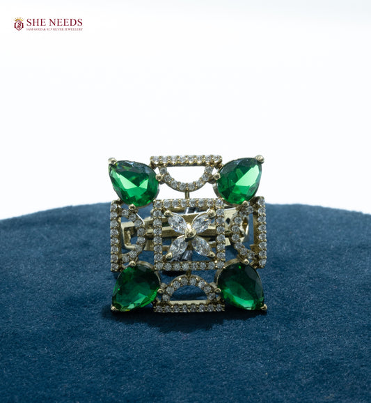 Geometric designer cocktail ring with CZ stones and teardrop green  stones