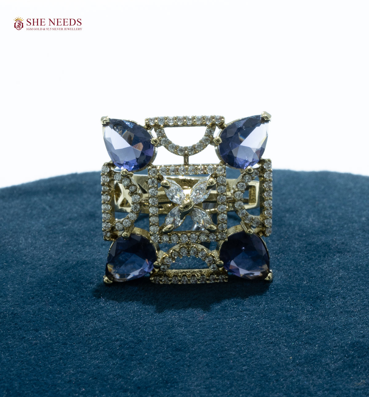 Geometric CZ Cocktail Ring with Teardrop Stones | Adjustable Finger Rings