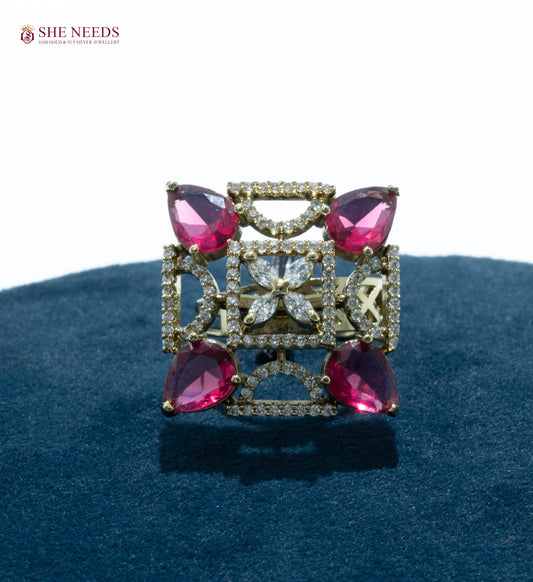 Geometric designer cocktail ring with CZ stones and teardrop pink stones