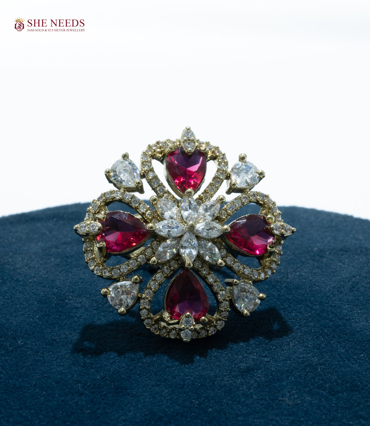 Zivara Royal Floral CZ Statement Ring with Heart Stones | Adjustable Finger Rings