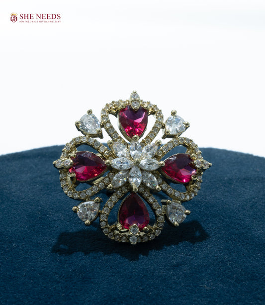 Zivara Royal Floral CZ Statement Ring with Heart Stones | Adjustable Finger Rings