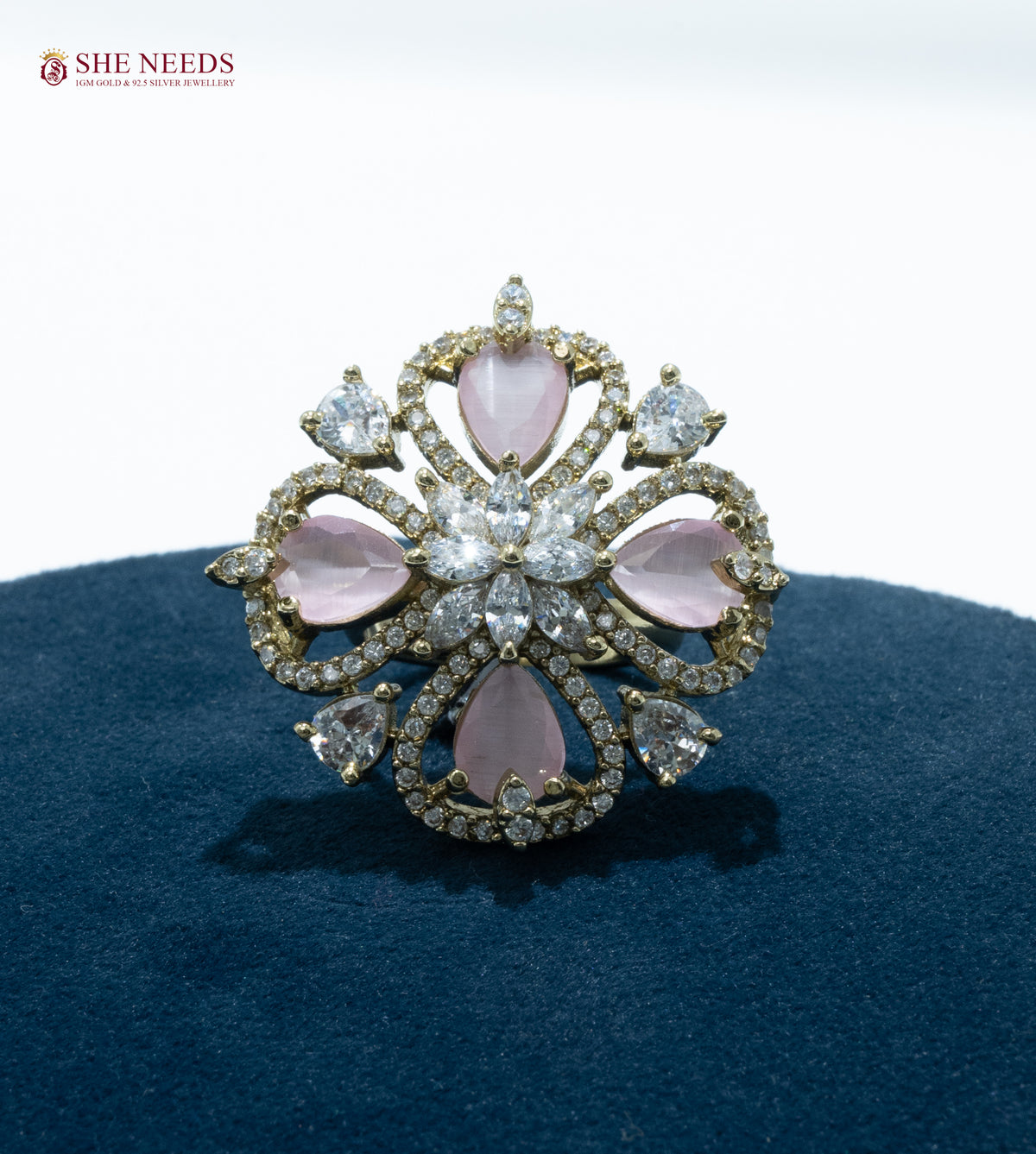 Zivara Royal Floral CZ Statement Ring with Heart Stones | Adjustable Finger Rings