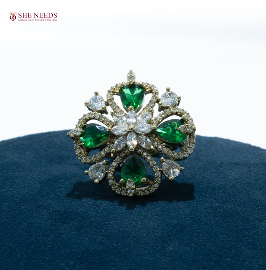 Zivara Royal Floral CZ Statement Ring with Heart Stones | Adjustable Finger Rings