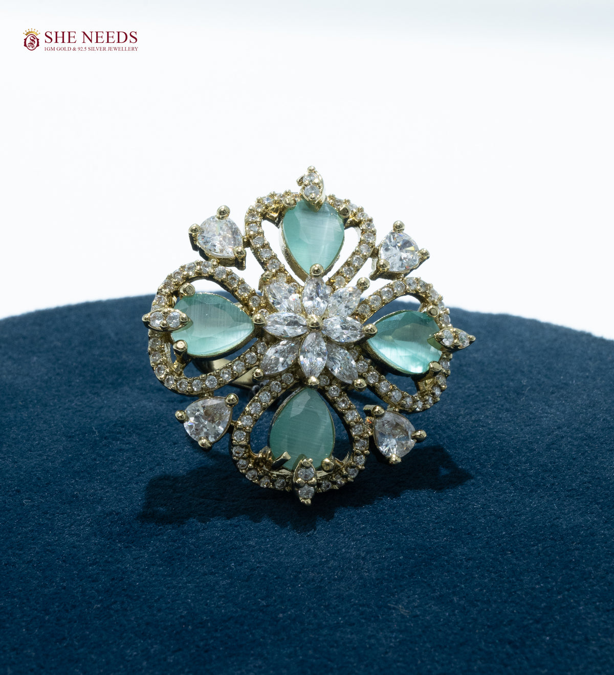 Zivara Royal Floral CZ Statement Ring with Heart Stones | Adjustable Finger Rings