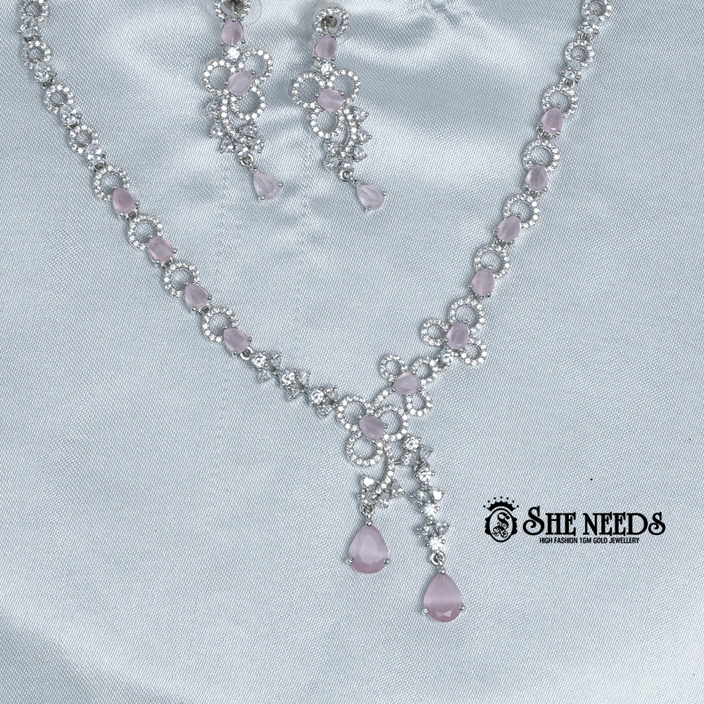 Silver Light Pink Stone Necklace Set with Drop Earrings featuring sparkling American Diamond (CZ) stones and light pink teardrop accents | She Needs Jewellery