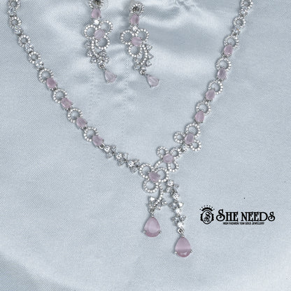 Silver Light Pink Stone Necklace Set with Drop Earrings featuring sparkling American Diamond (CZ) stones and light pink teardrop accents | She Needs Jewellery