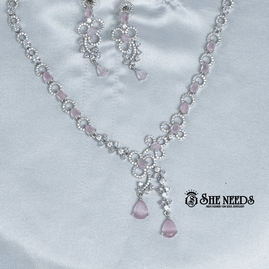 Silver Light Pink Stone Necklace Set with Drop Earrings featuring sparkling American Diamond (CZ) stones and light pink teardrop accents | She Needs Jewellery