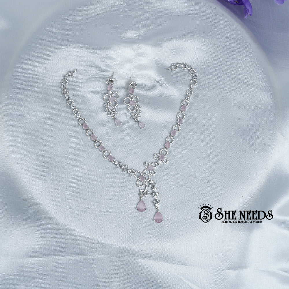 Silver Light Pink Stone Necklace Set with Drop Earrings
