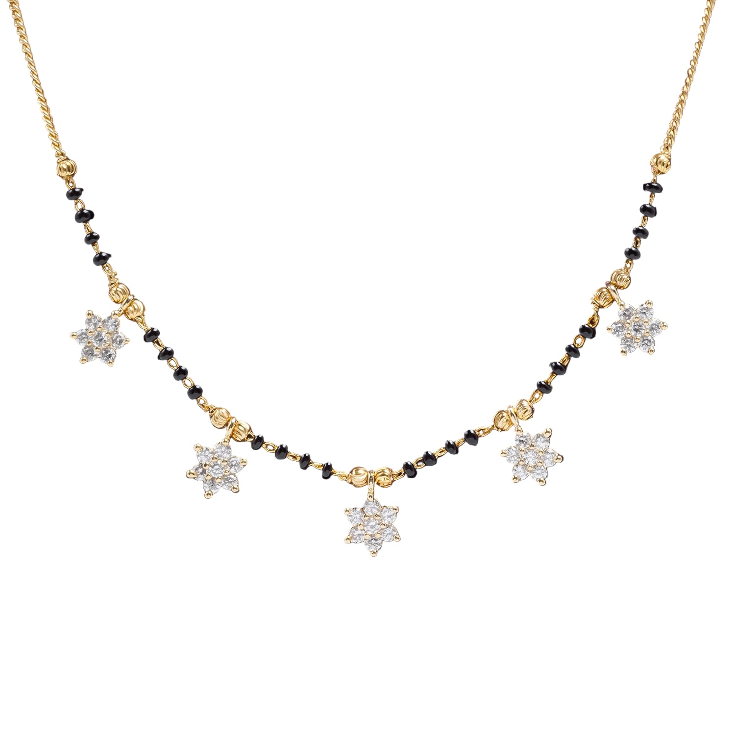 Gold-tone Star Charm Mangalsutra featuring sparkling CZ star-shaped charms, traditional black bead detailing, and a delicate chain design displayed on a jewelry bust.