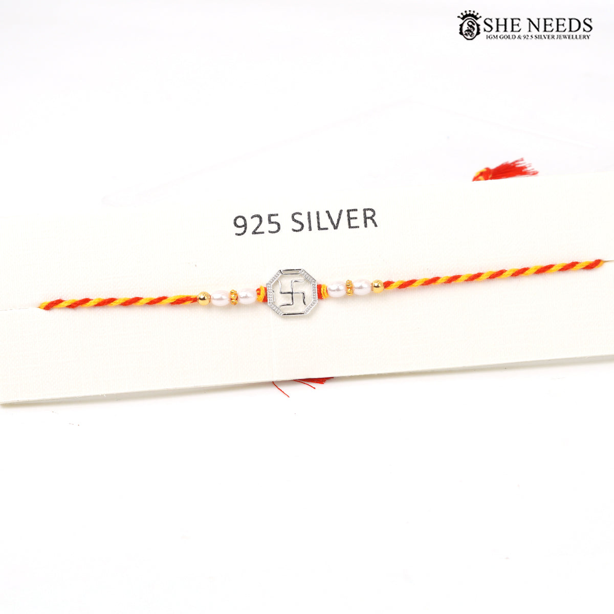 Swastik Blessing 925 Silver Rakhi with Pearl Beads & Red-Yellow Thread