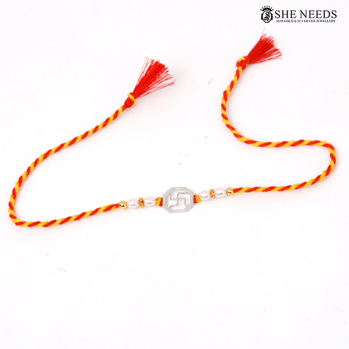Swastik Blessing 925 Silver Rakhi with Pearl Beads & Red-Yellow Thread
