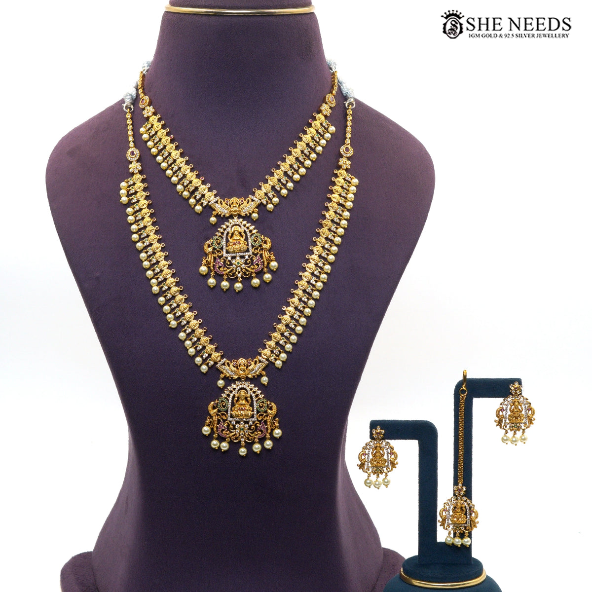 Temple Goddess Lakshmi Double Layer Necklace with Pearls