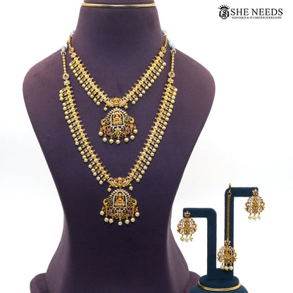 Temple Goddess Lakshmi double layer necklace set with matching earrings and maang tikka|She Needs Jewellery
