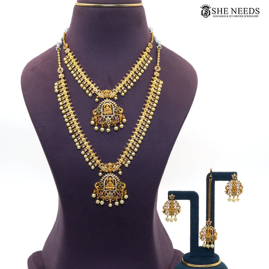 Temple Goddess Lakshmi double layer necklace set with matching earrings and maang tikka|She Needs Jewellery
