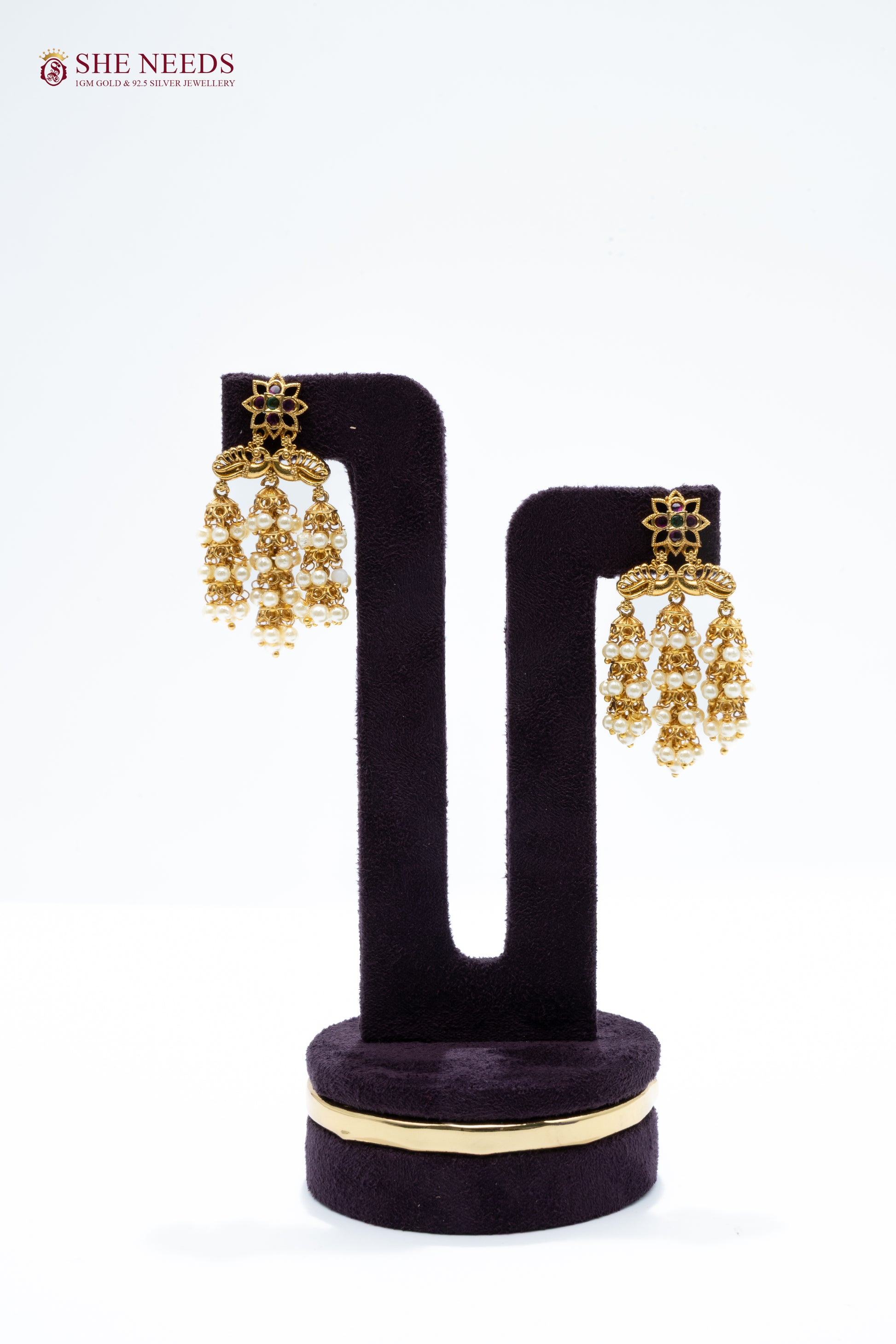 temple style pearl cluster jhumka earrings antique gold traditional earrings