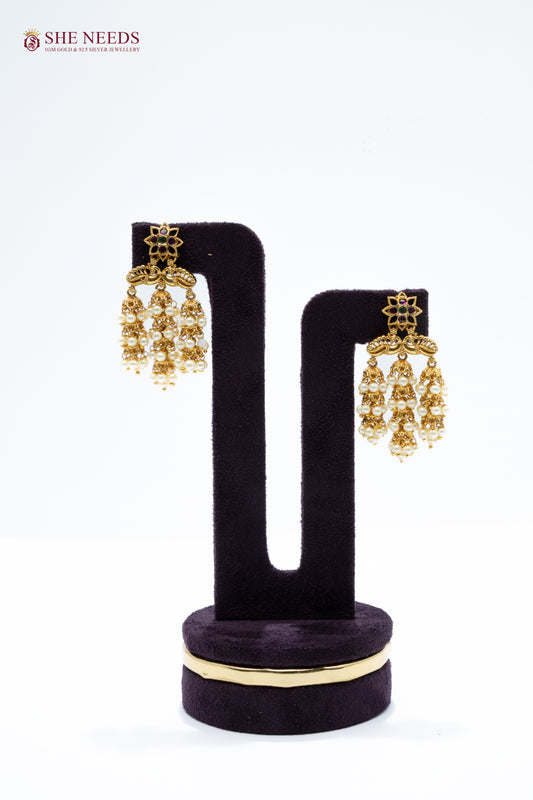 temple style pearl cluster jhumka earrings antique gold traditional earrings