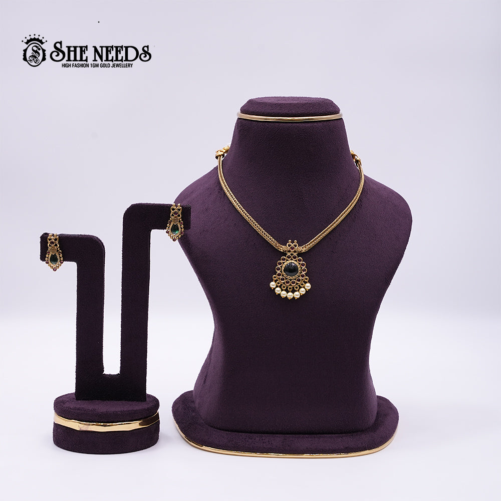 Traditional Green Drop Earrings & Necklace Set with Antique Gold Finish