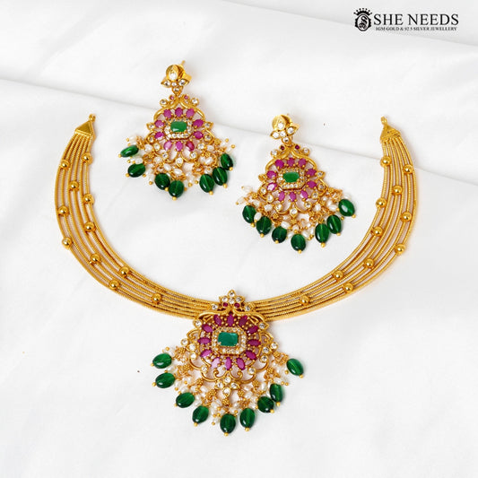 Traditional Kante necklace set with Kempu stones, pearl detailing, and green bead drops