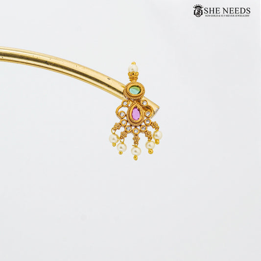 Gold plated traditional mini jhumka earrings with pink green zircon stones and pearl dropsJewellery