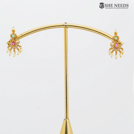 Gold plated traditional mini jhumka earrings with pink green zircon stones and pearl drops