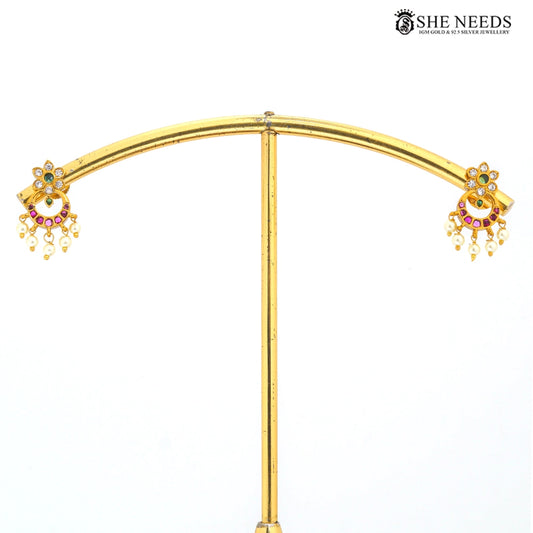 Gold-plated traditional stud earrings with zircon stones and pearl drops for women | She Needs Jewellery