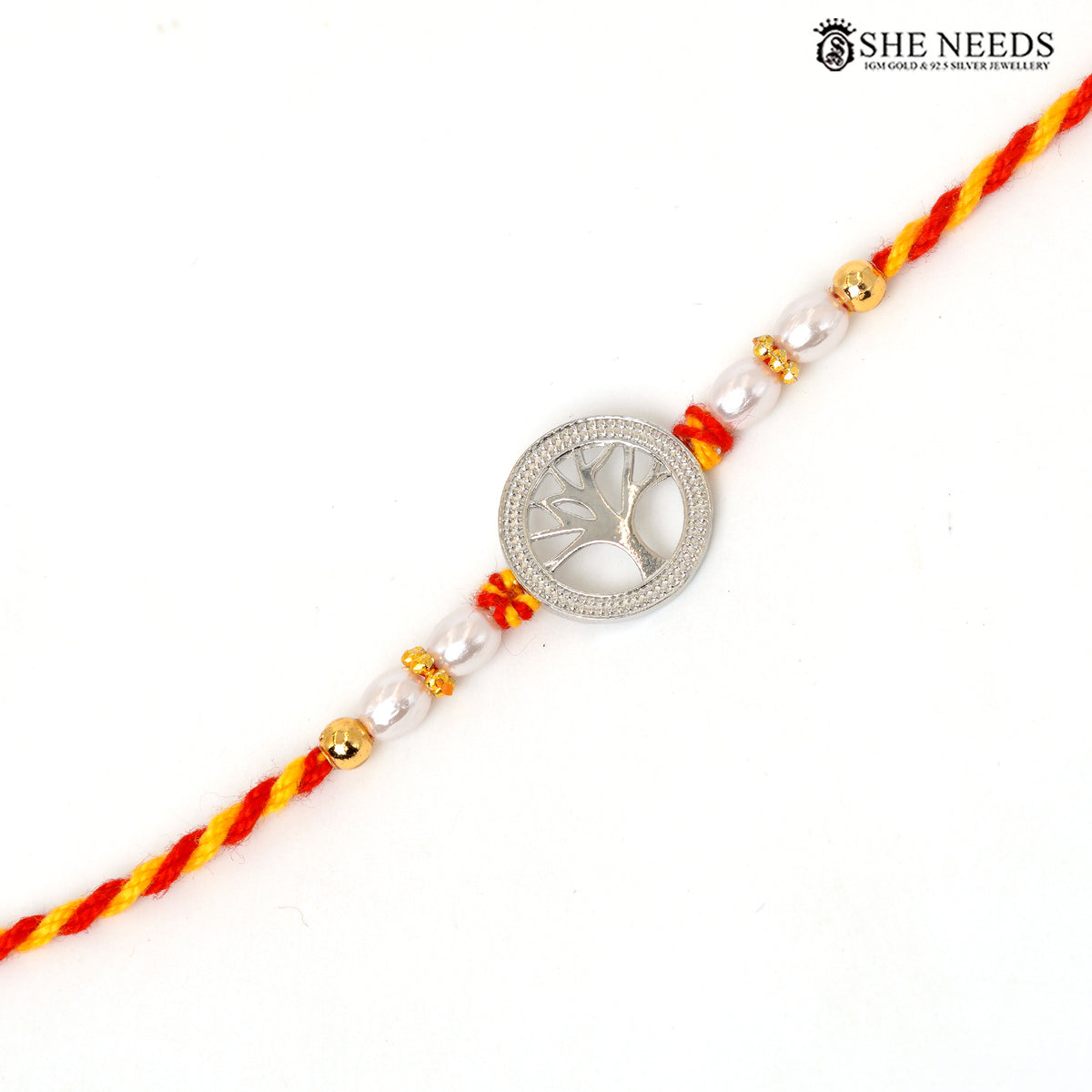 Tree of Life 925 Silver Rakhi with Pearl Beads & Red-Yellow Thread