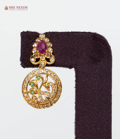 Vaidehi gold-plated peacock circle drop earrings with American Diamonds, ruby and emerald stones