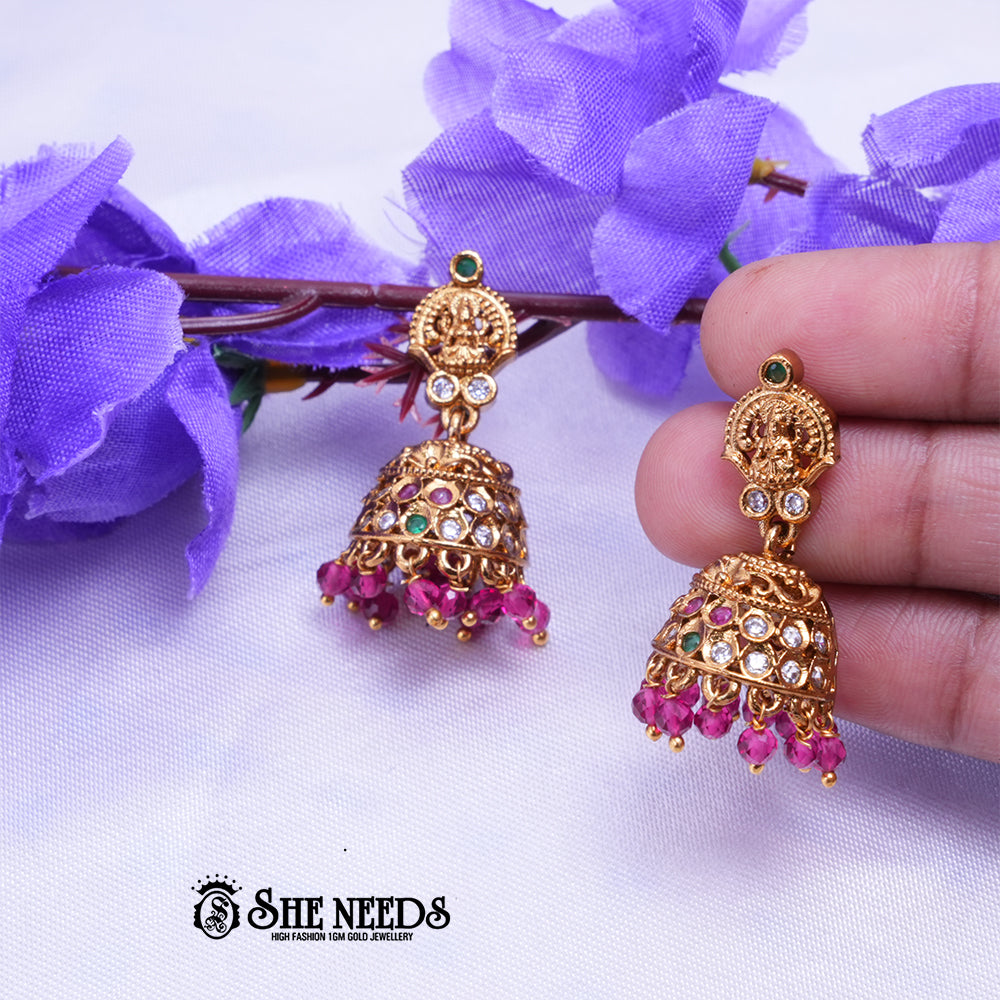 Vaidehi Temple Gold Jhumka Earrings with Lakshmi Design & Stone Studded Dome | Festive Wear
