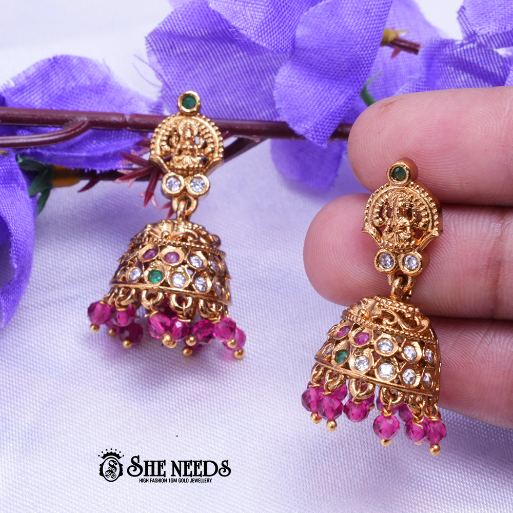 Vaidehi Temple Gold Jhumka Earrings with Lakshmi Design & Stone Studded Dome | Festive Wear