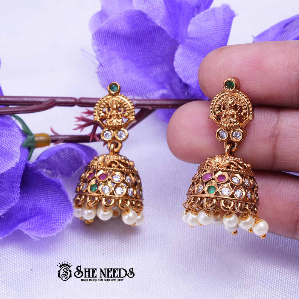 Vaidehi Temple Gold Jhumka Earrings with Lakshmi Design & Stone Studded Dome | Festive Wear
