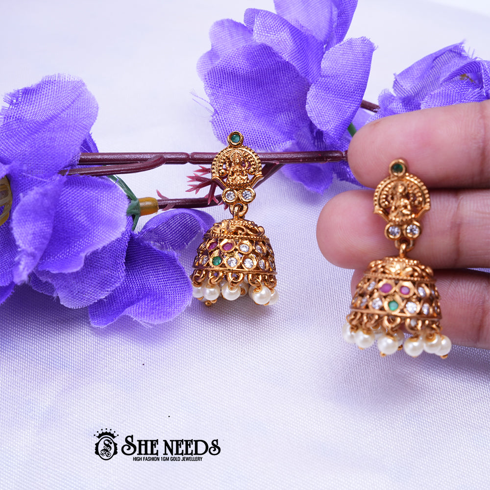 Vaidehi Temple Gold Jhumka Earrings with Lakshmi Design & Stone Studded Dome | Festive Wear