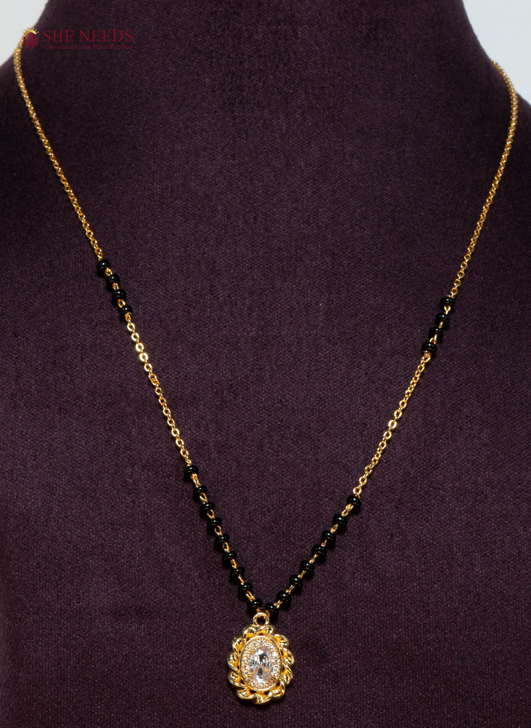 Vaishnavi Oval American Diamond Mangalsutra Necklace with Oval CZ Pendant and Black Beads in Gold Plated Finish