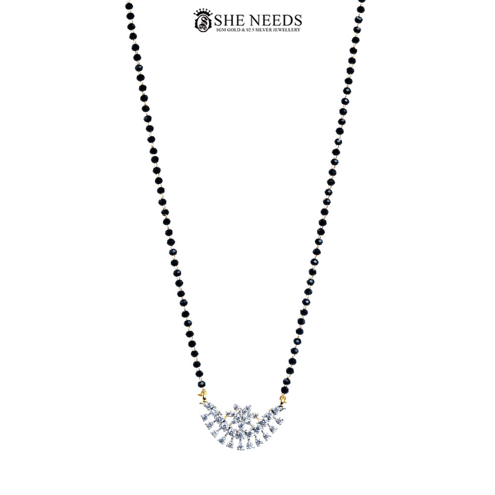 Full view of Vanya Gold Plated AD Floral Mangalsutra with floral American Diamond pendant, gold-plated finish, and black bead chain.|She Needs Jewellery
