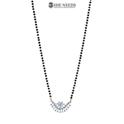 Full view of Vanya Gold Plated AD Floral Mangalsutra with floral American Diamond pendant, gold-plated finish, and black bead chain.|She Needs Jewellery
