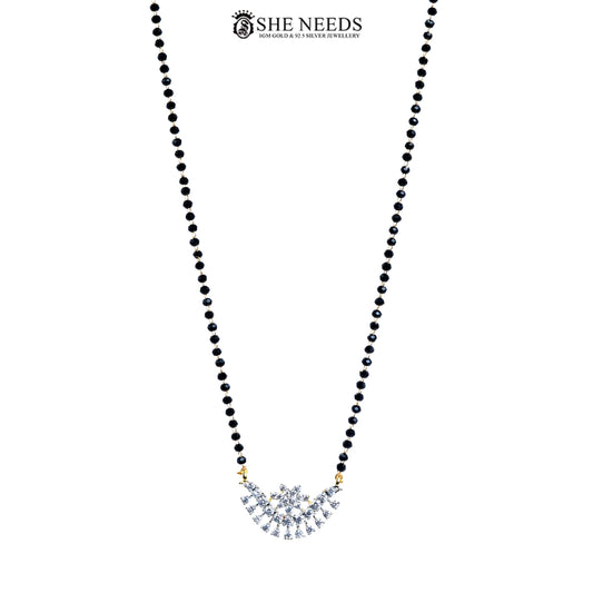 Full view of Vanya Gold Plated AD Floral Mangalsutra with floral American Diamond pendant, gold-plated finish, and black bead chain.|She Needs Jewellery
