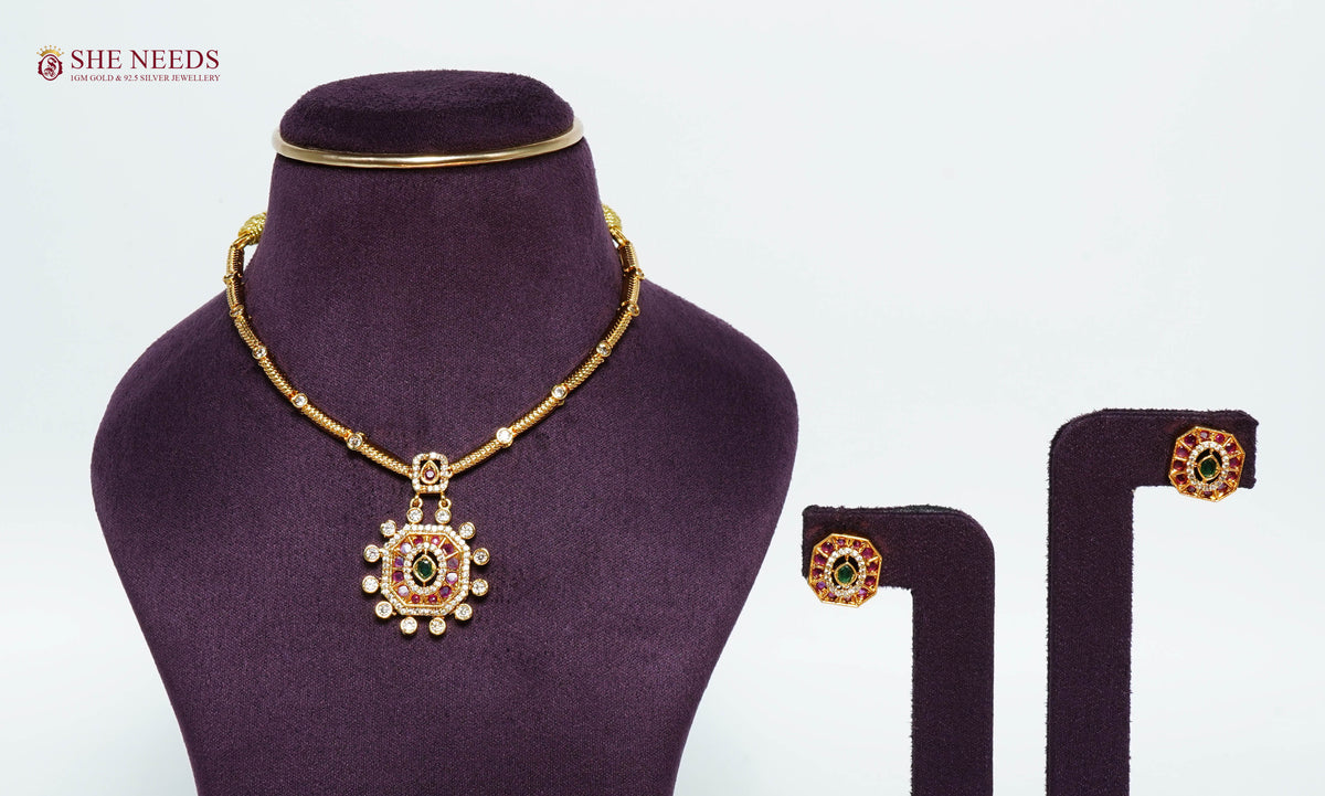 Radiant Ruby Emerald Pendant Necklace Set with Stud Earrings| Gold-Plated Imitation Jewellery for Women