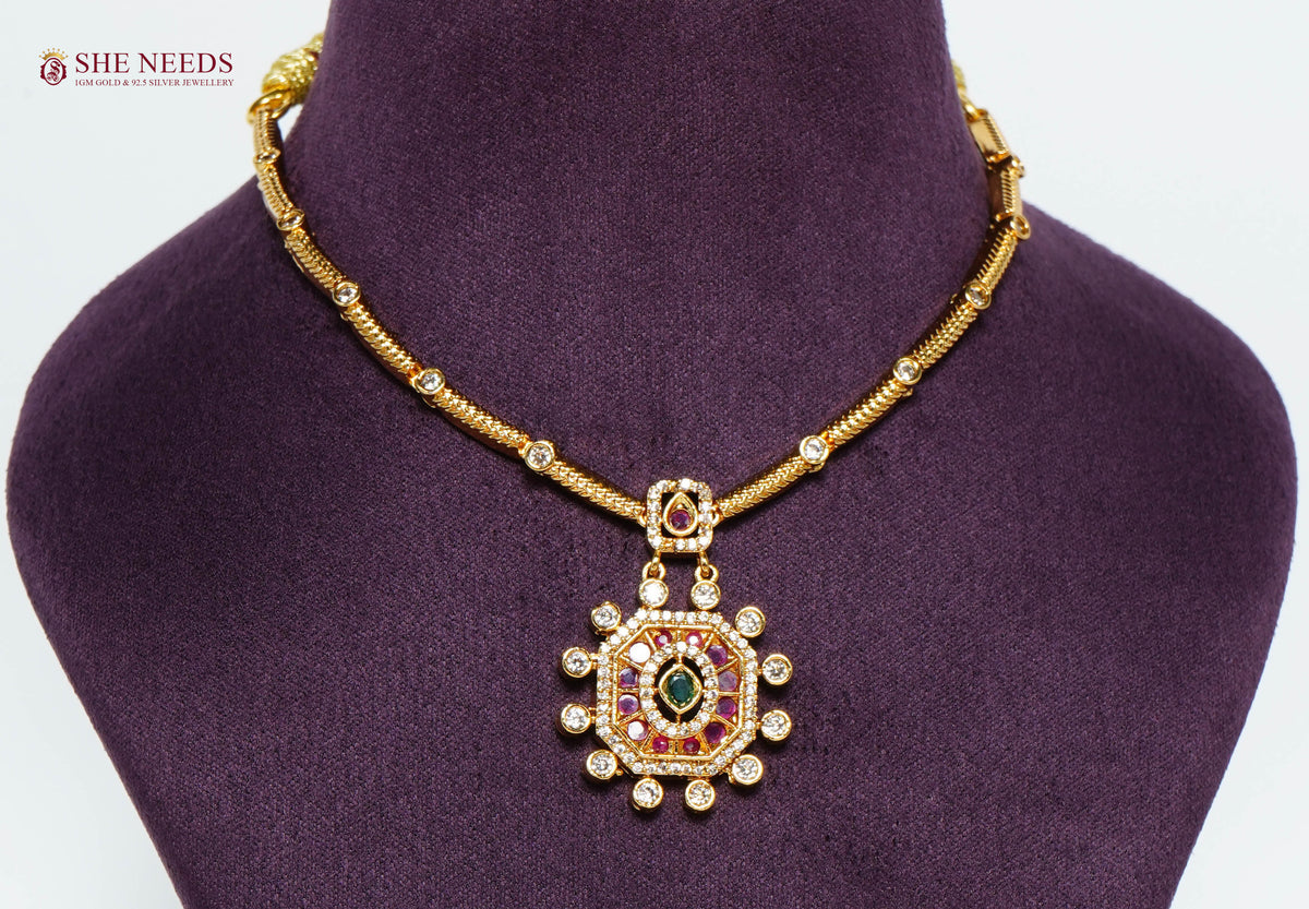 Radiant Ruby Emerald Pendant Necklace Set with Stud Earrings| Gold-Plated Imitation Jewellery for Women