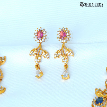 Vayuna multicolor floral drop earrings with ruby pink and white stones in gold-polished design|She Needs Jewellery
