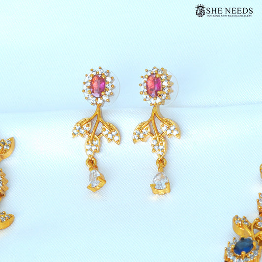 Vayuna multicolor floral drop earrings with ruby pink and white stones in gold-polished design|She Needs Jewellery
