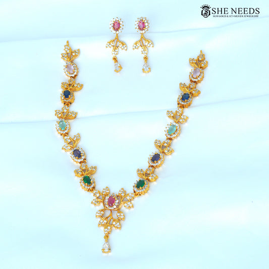 Vayuna multicolor floral necklace set with matching earrings featuring ruby pink, blue, green and white stones|She Needs Jewellery
