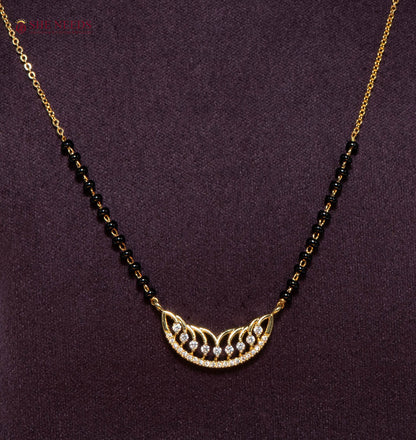 Vedika Crescent American Diamond Mangalsutra Necklace with Curved CZ Pendant and Black Beads in Gold Plated Finish