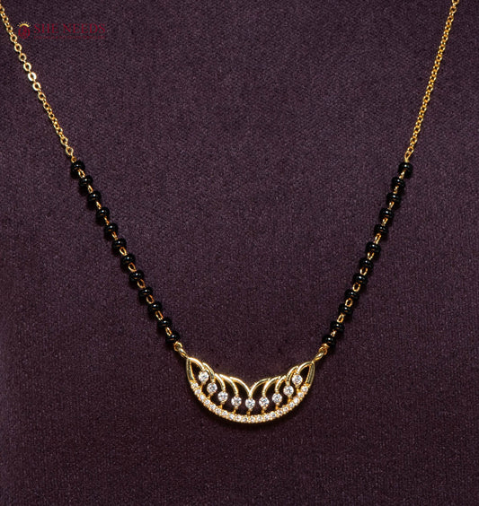 Vedika Crescent American Diamond Mangalsutra Necklace with Curved CZ Pendant and Black Beads in Gold Plated Finish