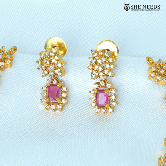 Zivara multicolor ruby and emerald drop earrings with white stones and gold-tone floral detailing|She Needs Jewellery