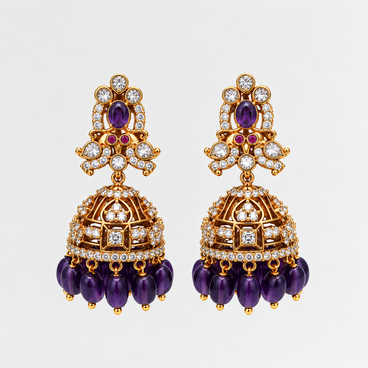 Aarika Antique Gold CZ Stone Jhumka Earrings with Bead Drops | Premium Festive Wear